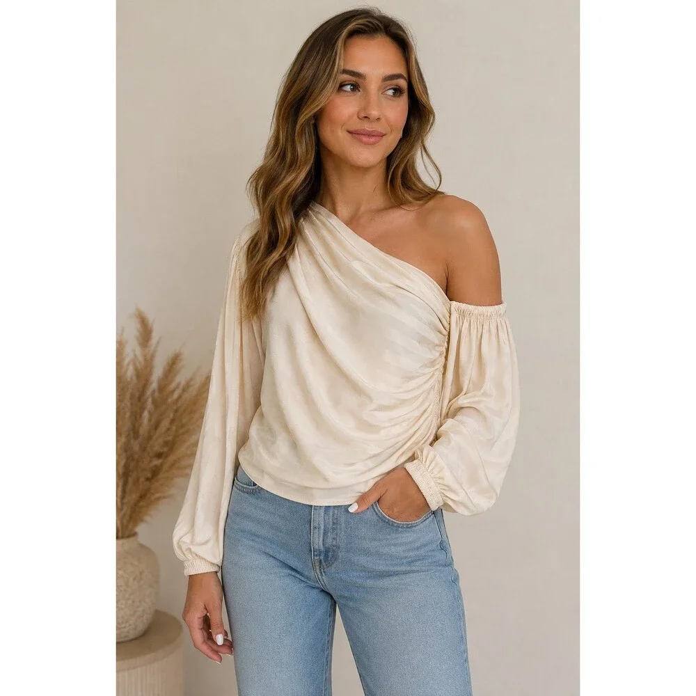 DO+BE One Shoulder Satin Blouse Women's M Ivory Ruched Puff Sleeve Party Top